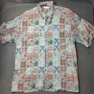 Vintage Pierre Cardin Shirt Mens Large Blue Green Brown Rayon Abstract Print 90s